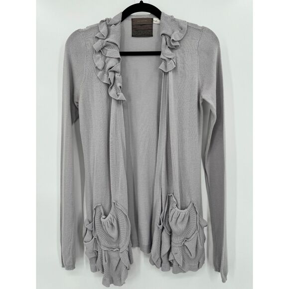 ANTHROPOLOGIE | GUINEVERE Delicate Drafts Gray Ruffle Accent Cardigan Size S - Picture 1 of 7